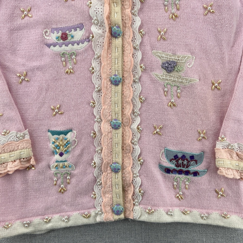 VTG Y2K Storybook Knits Tea Cardigan Sweater Women S Pink Embroidered Cottage - Picture 5 of 13